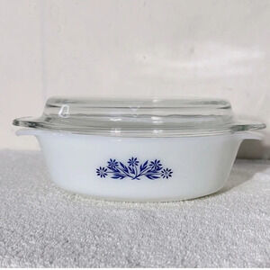 Vintage Anchor Hocking Milk Glass Blue Cornflower  Oval Casserole Dish With Lid